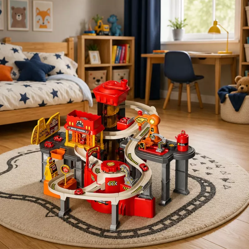 LEAN TOYS interaktiivinen pysäköintitalo pesulalla ja korjaamolla – paloautoleikkisetti 8 autolla
