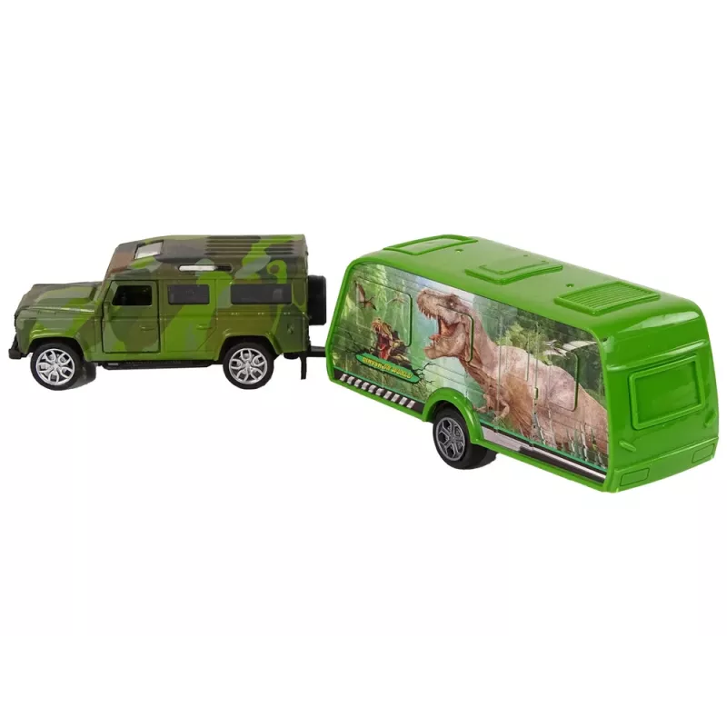 LEAN TOYS Jeep ajoneuvosarja vetävällä dinosaurustrailerilla