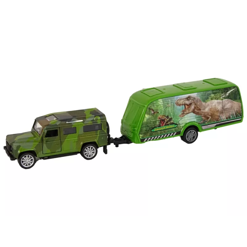 LEAN TOYS Jeep ajoneuvosarja vetävällä dinosaurustrailerilla