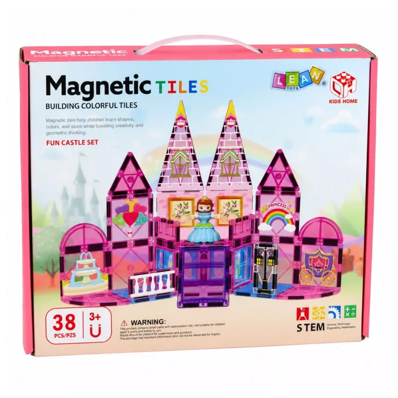 LEAN TOYS magneettiset rakennuspalikat prinsessalinna pinkki 38 kpl