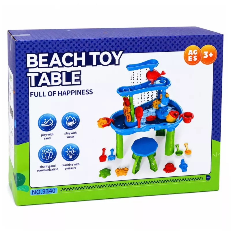LEAN TOYS monitasoinen vesipöytä-leikkialue tuolilla, tarvikkeilla ja muoteilla, 63 cm