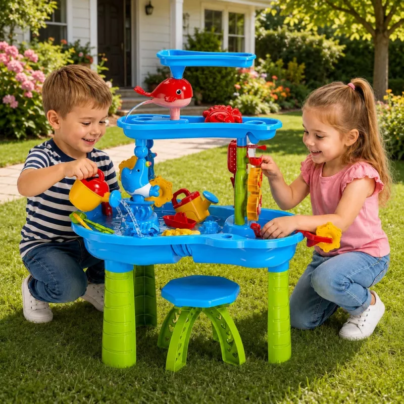 LEAN TOYS monitasoinen vesipöytä-leikkialue tuolilla, tarvikkeilla ja muoteilla, 63 cm