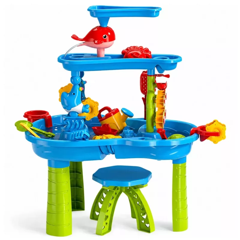 LEAN TOYS monitasoinen vesipöytä-leikkialue tuolilla, tarvikkeilla ja muoteilla, 63 cm
