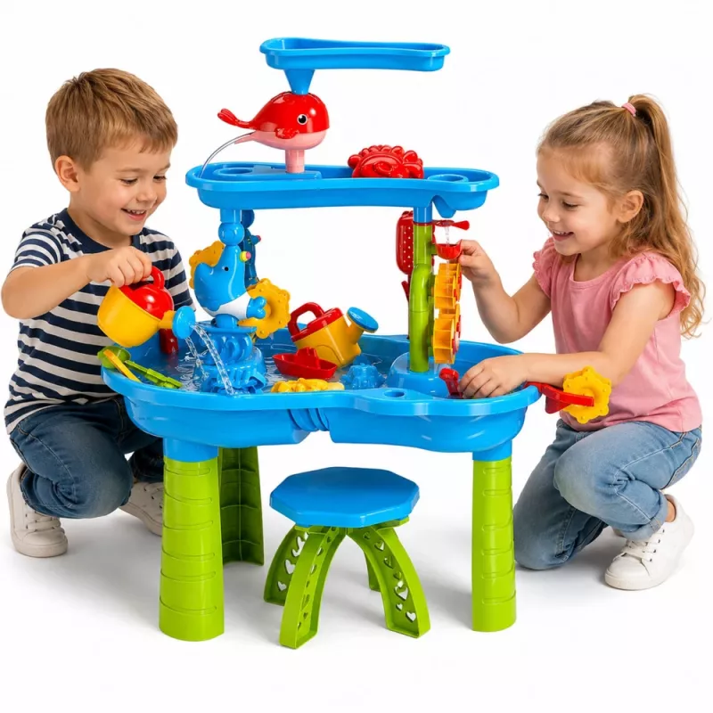 LEAN TOYS monitasoinen vesipöytä-leikkialue tuolilla, tarvikkeilla ja muoteilla, 63 cm