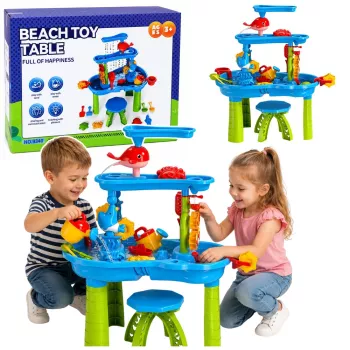 LEAN TOYS monitasoinen vesipöytä-leikkialue tuolilla, tarvikkeilla ja muoteilla, 63 cm