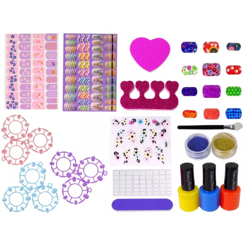 LEAN TOYS kynsilakkasarja kynsilakoilla, tarroilla, sabluunoilla ja glittereillä