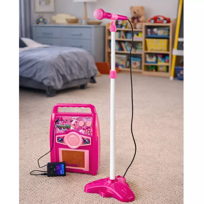 LEAN TOYS vaaleanpunainen sähkökitara mikrofonilla ja vahvistimella