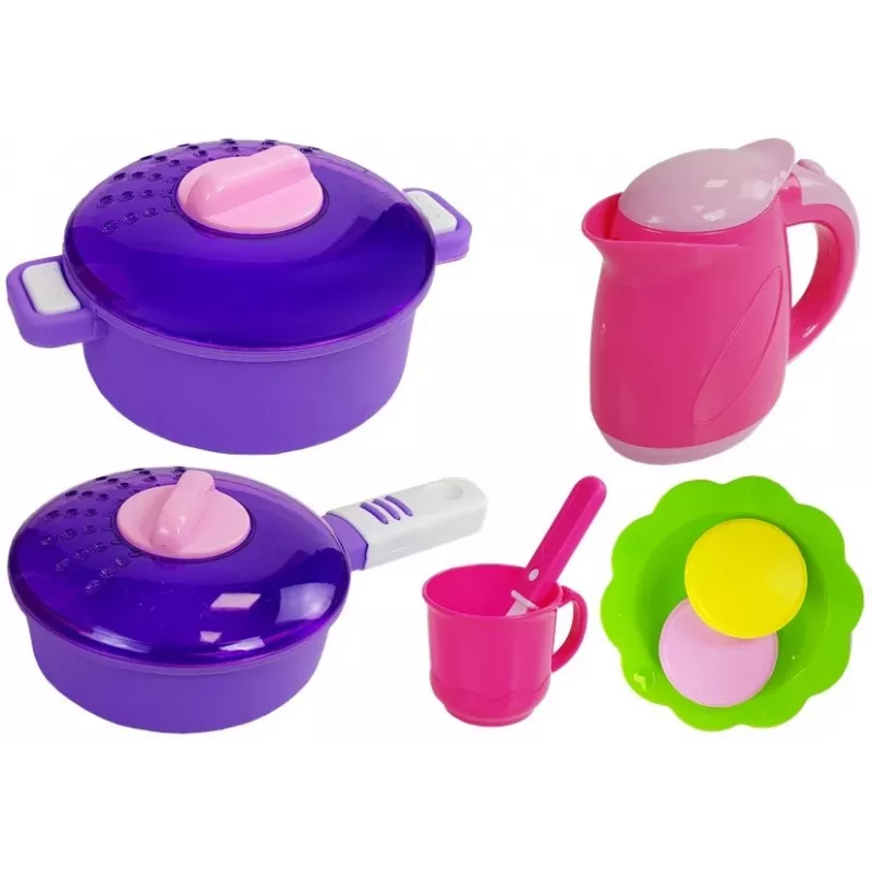 LEAN TOYS vaaleanpunainen keittiö vesikattiloilla, ruoilla ja äänellä