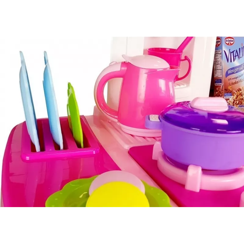 LEAN TOYS vaaleanpunainen keittiö vesikattiloilla, ruoilla ja äänellä