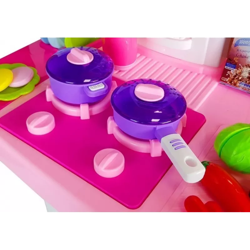 LEAN TOYS vaaleanpunainen keittiö vesikattiloilla, ruoilla ja äänellä