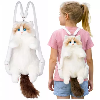 LEAN TOYS pehmoinen kissareppu maskotti säädettävillä hihnoilla ja silikonitassuilla valkoinen 50 cm