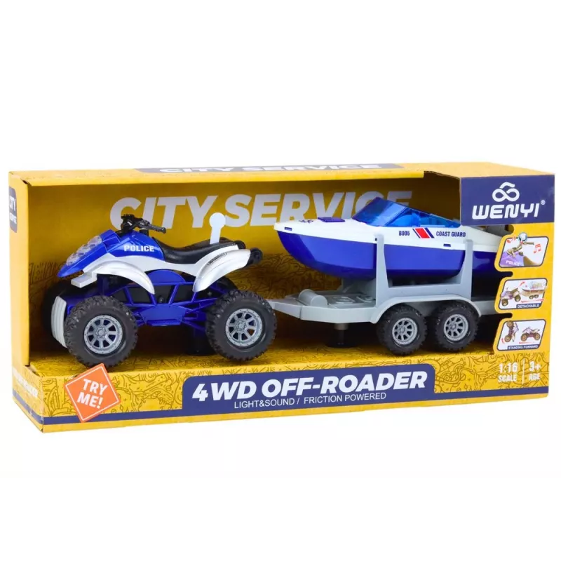 LEAN TOYS poliisimönkijä perävaunulla ja moottoriveneellä