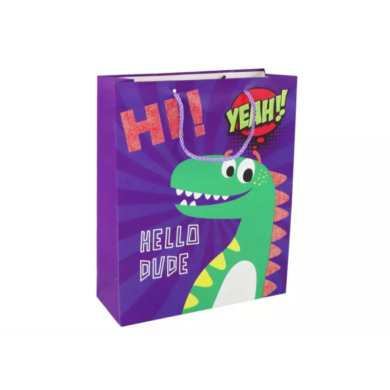 LEAN TOYS violetti dinosaurus paperinen lahjakassi 32cm x 26cm x 10cm
