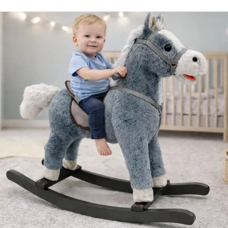 LEAN TOYS Keinuhevonen satulalla, jalkatuilla, äänillä, harmaa, 74 cm