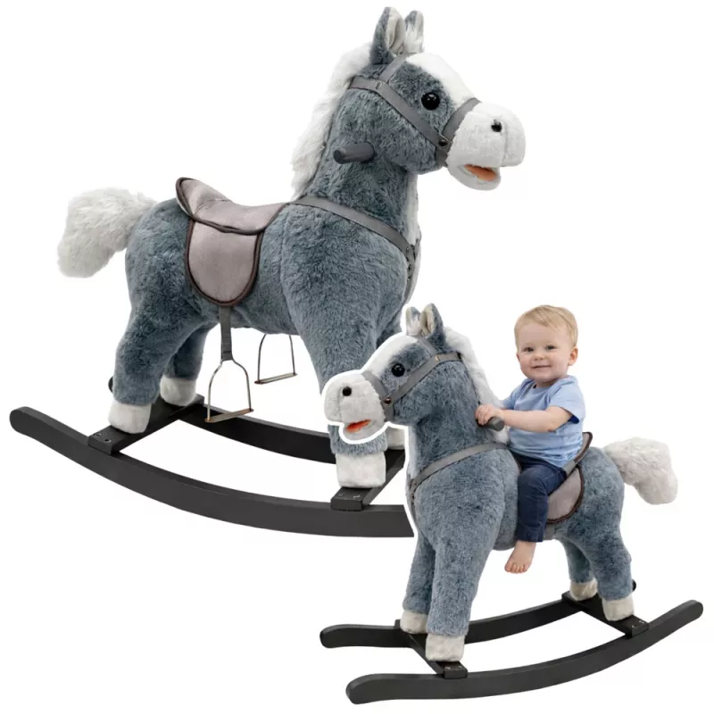 LEAN TOYS Keinuhevonen satulalla, jalkatuilla, äänillä, harmaa, 74 cm