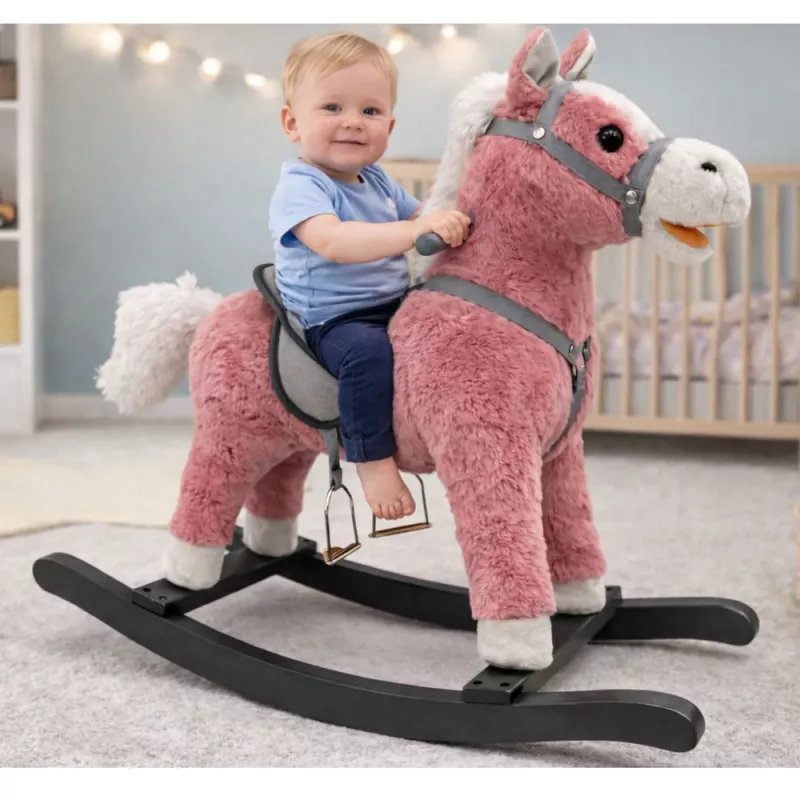 LEAN TOYS Keinuhevonen satulalla, jalkakeinulla, äänillä, vaaleanpunainen, 74 cm