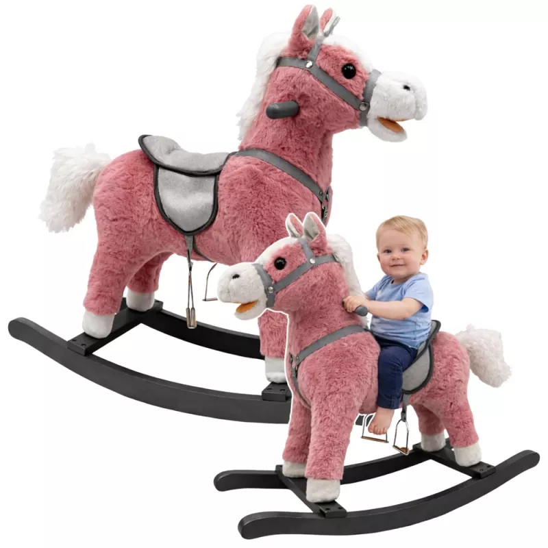 LEAN TOYS Keinuhevonen satulalla, jalkakeinulla, äänillä, vaaleanpunainen, 74 cm