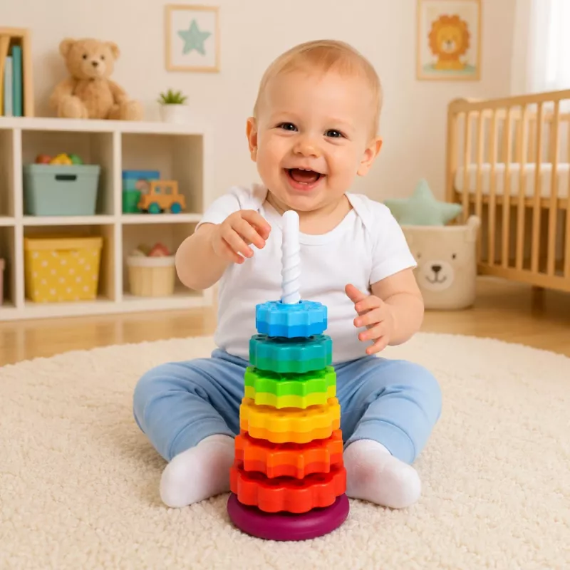 LEAN TOYS pyörivä pyramiditorni lajittelulelu sateenkaari palapeli 36cm 6 osaa