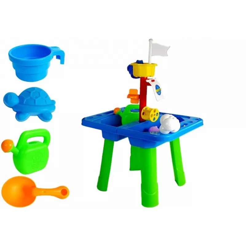 LEAN TOYS hiekkalaatikkopöytä muoteilla, lapio, harava ja pilvi - monivärinen