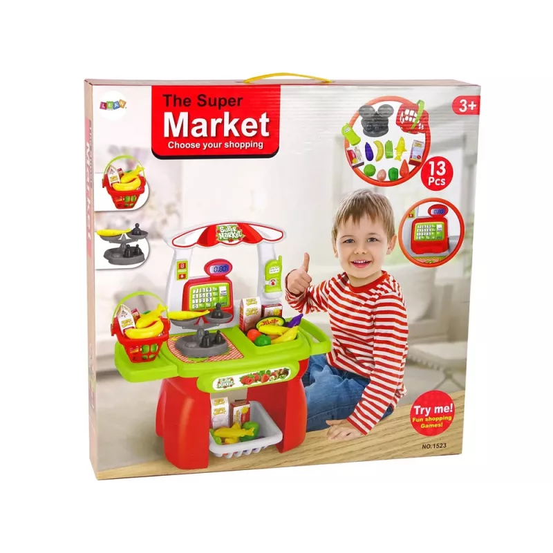 LEAN TOYS Supermarket-sarja ostoskorilla, vaa'alla ja elintarvikkeilla