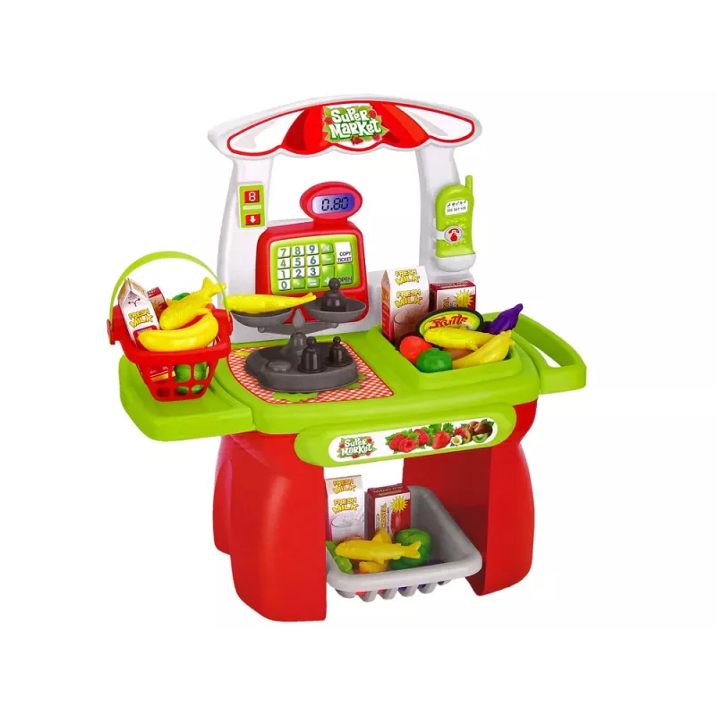 LEAN TOYS Supermarket-sarja ostoskorilla, vaa'alla ja elintarvikkeilla