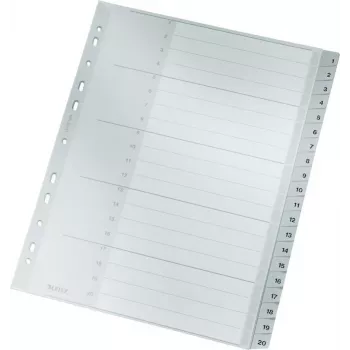 LEITZ 1284 A4 erittäin leveät numeroidut välilehdet 1-20, harmaa, 20-osainen, polypropyleeni, 0,12 mm, merkittävällä kansilehdellä 1284-00