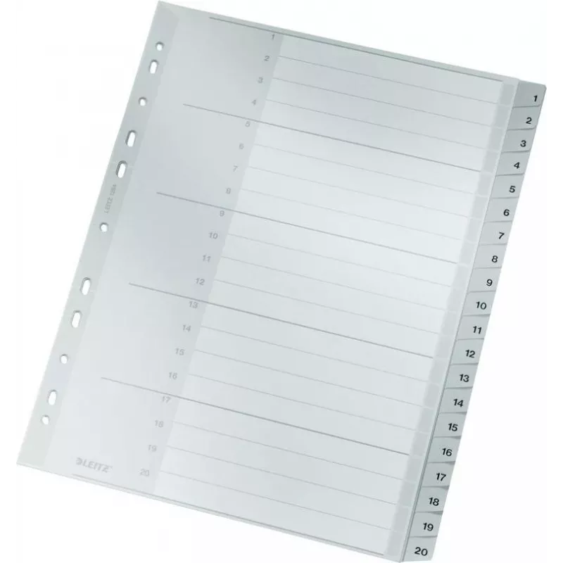 LEITZ 1284 A4 erittäin leveät numeroidut välilehdet 1-20, harmaa, 20-osainen, polypropyleeni, 0,12 mm, merkittävällä kansilehdellä 1284-00