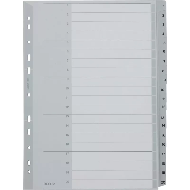 LEITZ 1284 A4 erittäin leveät numeroidut välilehdet 1-20, harmaa, 20-osainen, polypropyleeni, 0,12 mm, merkittävällä kansilehdellä 1284-00