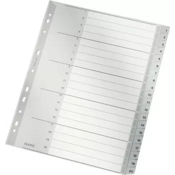 LEITZ 1284 A4 erittäin leveät numeroidut välilehdet 1-20, harmaa, 20-osainen, polypropyleeni, 0,12 mm, merkittävällä kansilehdellä 1284-00