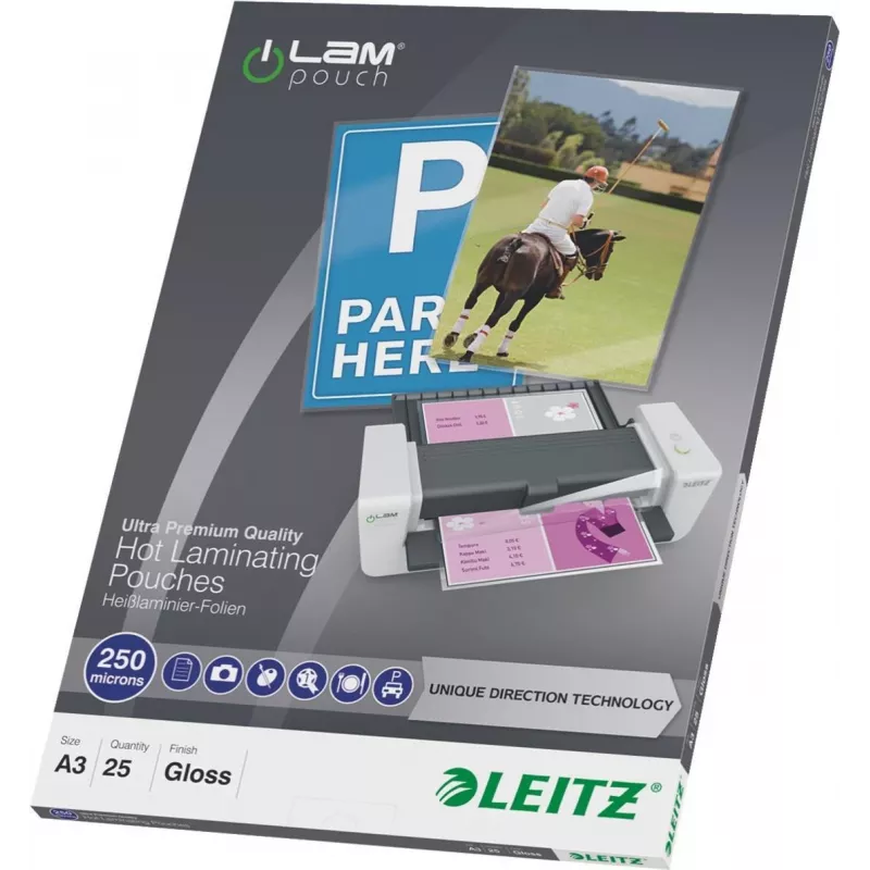 LEITZ A3 kiiltävät laminointikalvot 250 mikronia kristallinkirkas, 25 kpl:n pakkaus (7491-00-00)