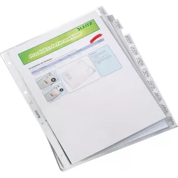 LEITZ A4 10-osainen rekisterikansio, läpinäkyvä polypropyleeni, ylhäältä avoin, merkintäkorvakkeilla 4754-00-03