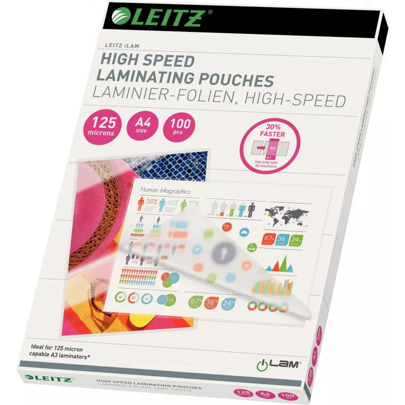 Leitz A4 laminointikalvot, 80 mikronia, kiiltävä, 100 kpl:n pakkaus, jam-free UDT 7430-00-02