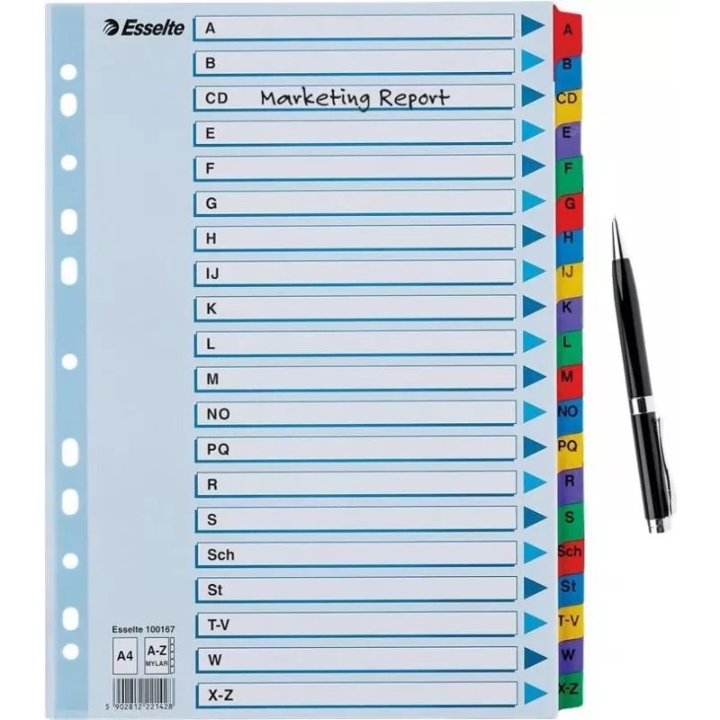 Esselte A4 Mylar A-Z -hakemistovälilehdet, 20-osainen, monivärinen (100167)