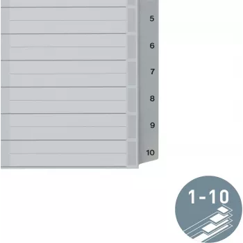 LEITZ A5 muovirekisteri, numeroitu 1-10, harmaa, 10-osainen, polypropeeni, 0,12 mm, merkittävällä kansilehdellä 1285-00-00