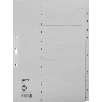 LEITZ Manila-rekisteri, numeerinen 1-12, A4 extra leveä, harmaa, 12-osainen, 100 g/m², 80 mm rei'itys, vahvistetut reiät 1233-00-85