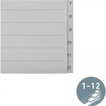 LEITZ Manila-rekisteri, numeerinen 1-12, A4 extra leveä, harmaa, 12-osainen, 100 g/m², 80 mm rei'itys, vahvistetut reiät 1233-00-85