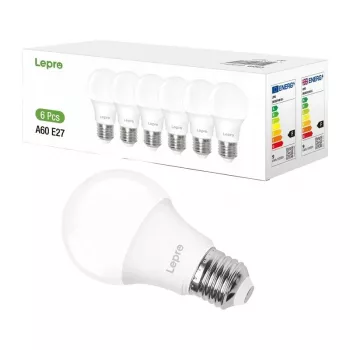 LEPRO 100090-DW-EU-6 LED-lamppu, E27, A60, 8,5 W (vastaa 60 W), 806 lm, 6500 K kylmä valkoinen, 180° valokeila, 6 kpl:n pakkaus