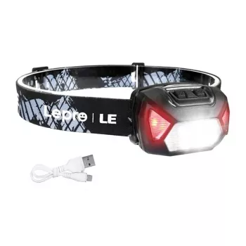 LEPRO 320014 USB-ladattava LED-otsalamppu CREE XPE-kohdevalolla, COB-alavalolla, punaisella valolla, IPX4 vesitiivis, 300 lumenia, 1200mAh akku, säädettävä joustava päänauha - musta