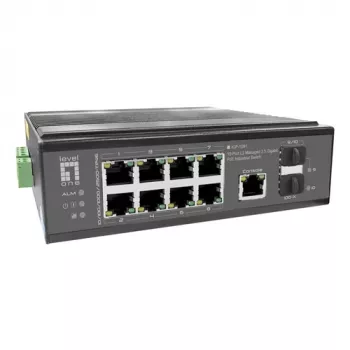 LevelOne teollisuus-PoE+-kytkin 8x 2,5G PoE, 2x 1G, 2x 10G SFP+ uplink, hallitsematon, DIN-kisko, IP30