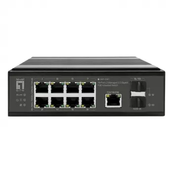LevelOne teollisuus-PoE+-kytkin 8x 2,5G PoE, 2x 1G, 2x 10G SFP+ uplink, hallitsematon, DIN-kisko, IP30