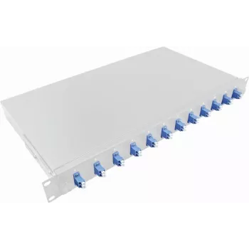 LogiLink 19 tuuman 1U rack-asennettava kuitujatkoskotelo LC-Duplex 12 porttia Single Mode OS2, täysin varustettu, vaaleanharmaa F12LC2G