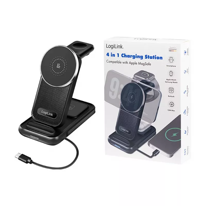 Logilink 4-in-1 langaton pöytälaturi, 15W Qi-latausasema (PA0292)