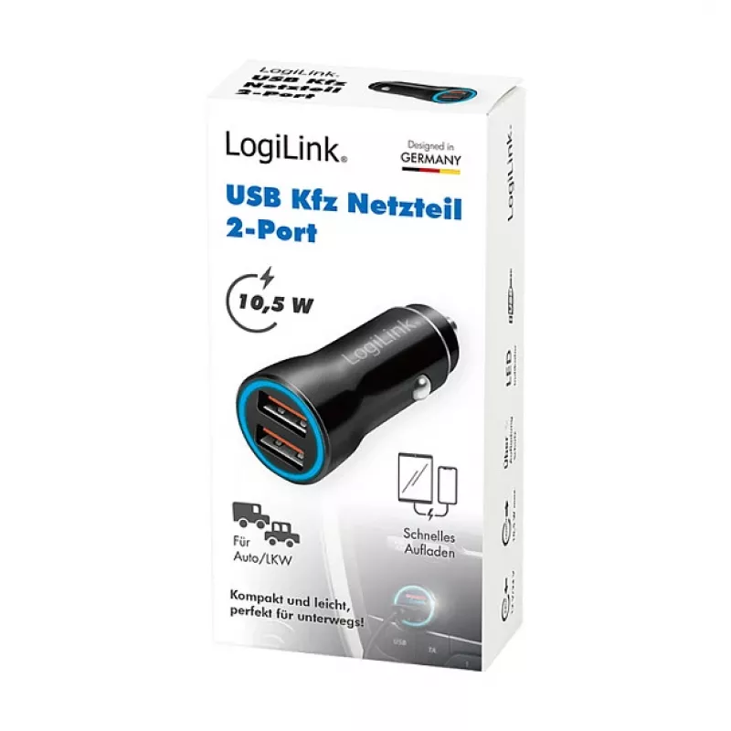 LogiLink PA0285 2-porttinen USB-autolaturi 10,5 W, LED-valaistu, musta
