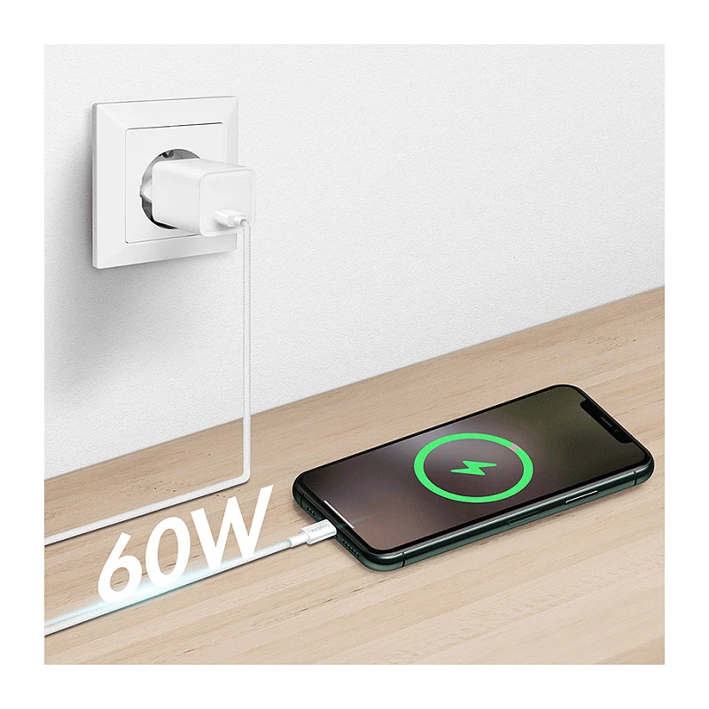 LogiLink CU0320 USB 2.0 Type-C -kaapeli, USB-A - USB-C, 480 Mbps, 60W, nailonpunottu, valkoinen, 0,5 m