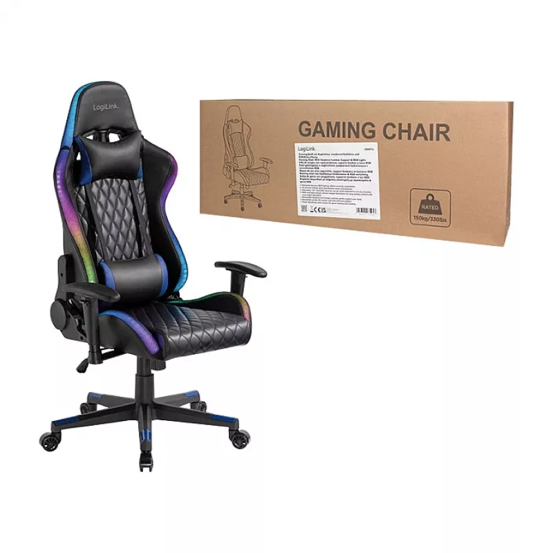 LogiLink EO0076 pelituoli RGB-valaistuksella, lannerangan tuki, musta/sininen