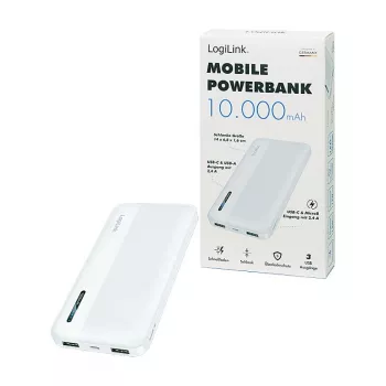 Logilink mobiili varavirtalähde, LiPo, 10000 mAh, USB-C in/out, valkoinen