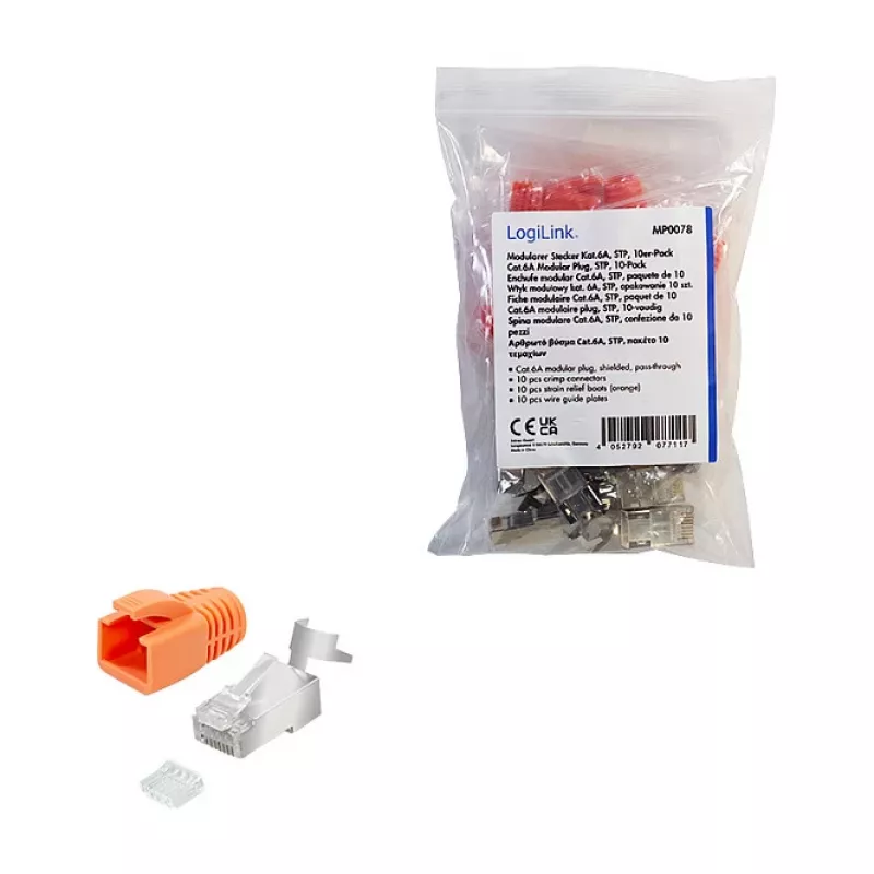 LogiLink modulaarinen liitin RJ45 Cat.6A STP Pass Through, 10 kpl:n pakkaus