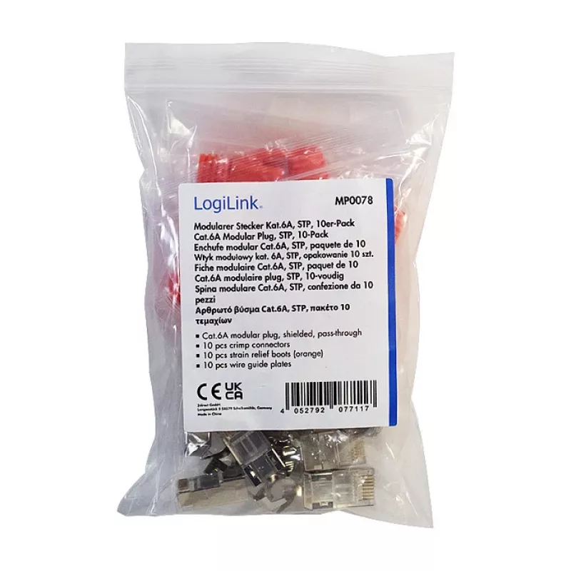 LogiLink modulaarinen liitin RJ45 Cat.6A STP Pass Through, 10 kpl:n pakkaus