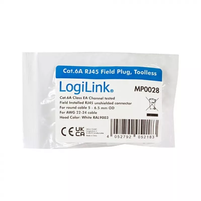 LogiLink modulaarinen liitin RJ45 Cat.6A, UTP, työkaluton, valkoinen