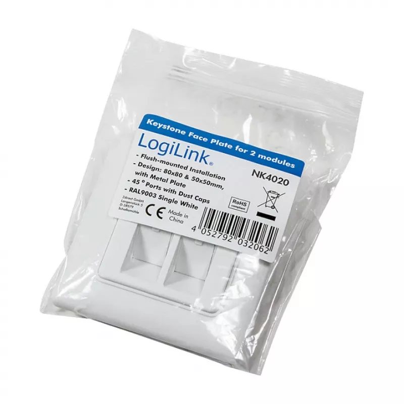 LogiLink NK4020 Keystone seinäliitäntärasia, uppoasennus, 2 moduulia, signaalivalkoinen
